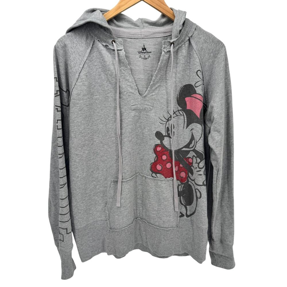 Disney Parks Hoodie Womens XL Gray Minnie Mouse Pullover V-Neck Sweatshirt